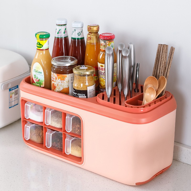 Hộp Đựng- Kệ gia vị nhà bếp kèm giá dao, đũa, thìa, chất liệu nhựa cao cấp có 6 ngăn đựng gia vị, cài dao, kéo, đũa thìa