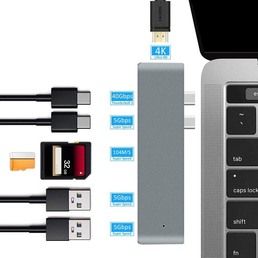 Hub chuyển đổi Usb 3.1 Type-C Hub Sang Hdmi 4k Thunderbolt 3 cổng usb type - c / khe cắm PD cho Macbook Pro / Air