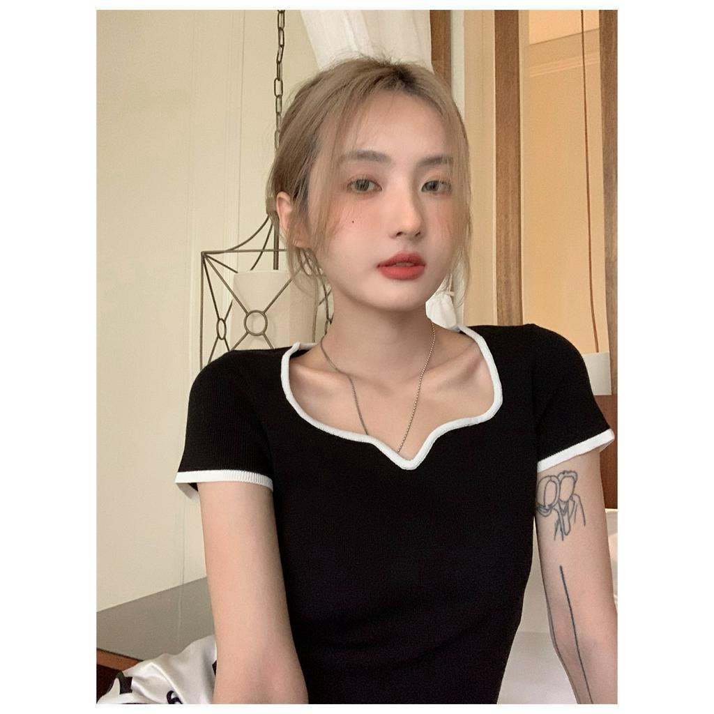 Áo sweater Ngắn Tay Cổ Vuông Thiết Kế Lệch Tà Cá Tính Dễ Phối Đồ