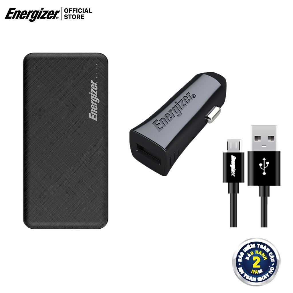 Combo sạc dự phòng Energizer 10,000mAh UE10053 + sạc ô tô Quick Charge Qualcom 2.0 kèm cáp Micro USB - DCA1QHMC3