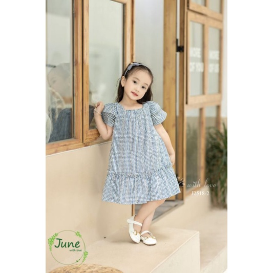 Đầm June thiết kế tay 2 tầng caro, kiểu dáng A bèo đuôi cá bồng bềnh(10-35kg)