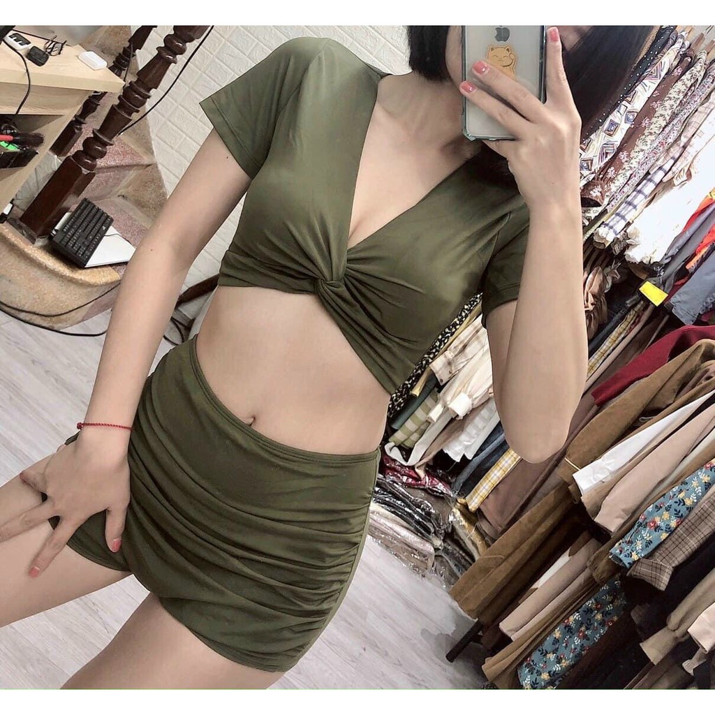 Bikini 2 mảnh, Đồ bơi tắm biển áo cọc tay ngắn xoắn ngực mix quần short lưng cao che bụng kín đáo