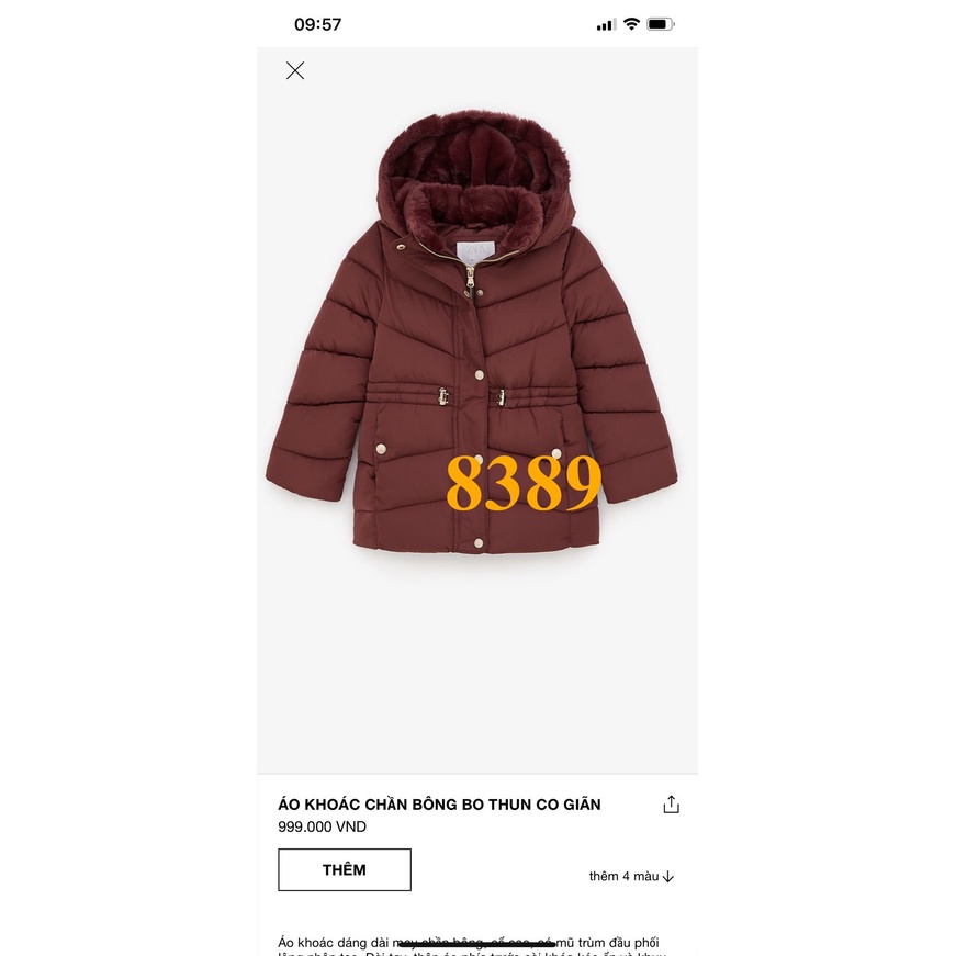 * Mã 8389: Áo phao béái, mũ lót lông mềm mịn, chít eo quá xinh. Hàng VNXK