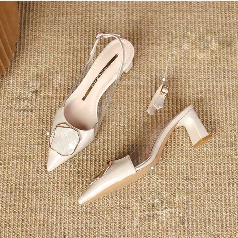 Giày cao gót bít mũi cầm thạch quai trong suốt màu nude/đen