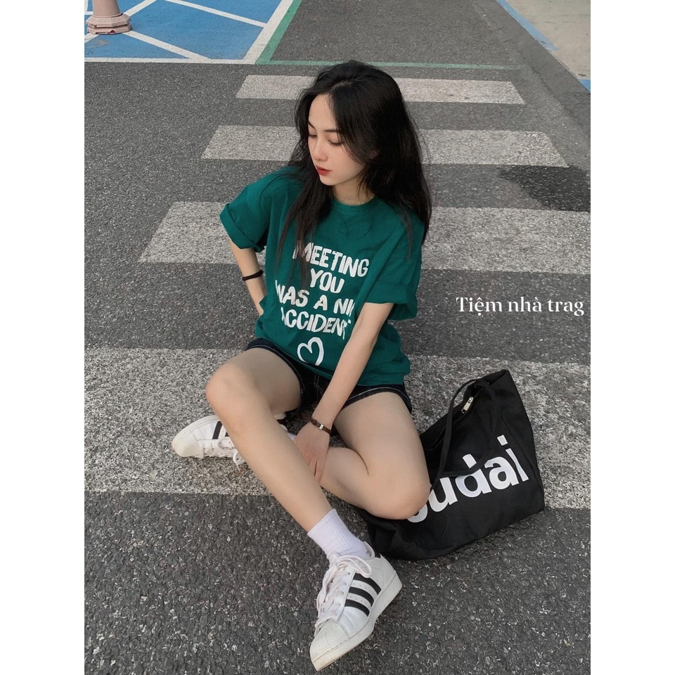 Áo Phông Tay Lỡ MEETING YOU Chất Coton Khô Siêu Hot 2 Màu Xanh Đen Freesize Nam Nữ Kiểu Dáng Hàn Quốc