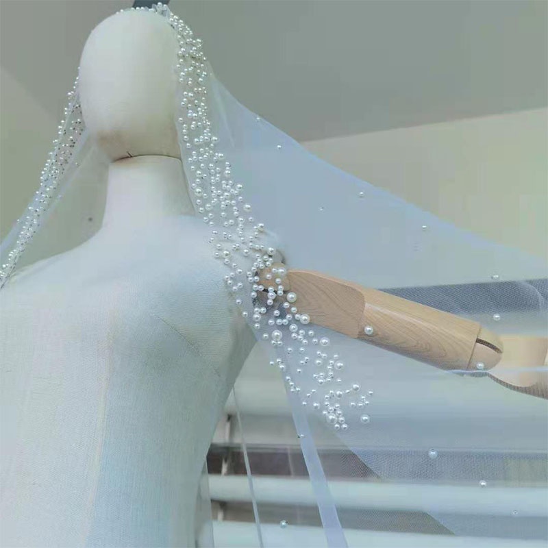 Khăn voan đính ngọc trai nhân tạo phong cách ngọt ngào thời trang cho cô dâu