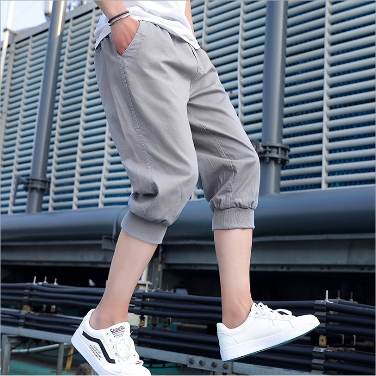 Men's Summer Solid Color Threaded Waist Cropped Casual Shorts Men's Sports Shorts Tethered Harem Pants