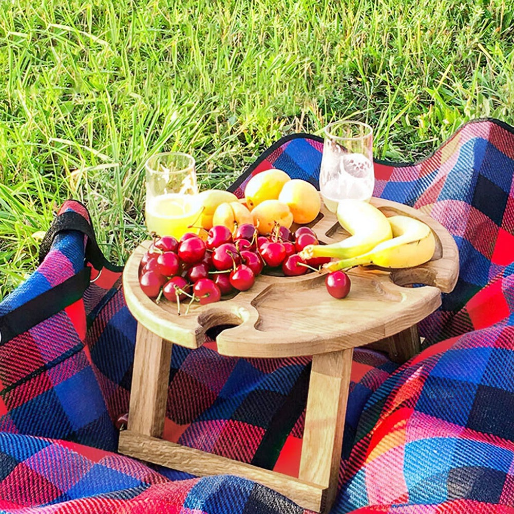 Wooden Outdoor Folding Picnic Table with Wine Glass Rack Compartmental Dish for Outdoor Camping Travel Collapsible Garden Table