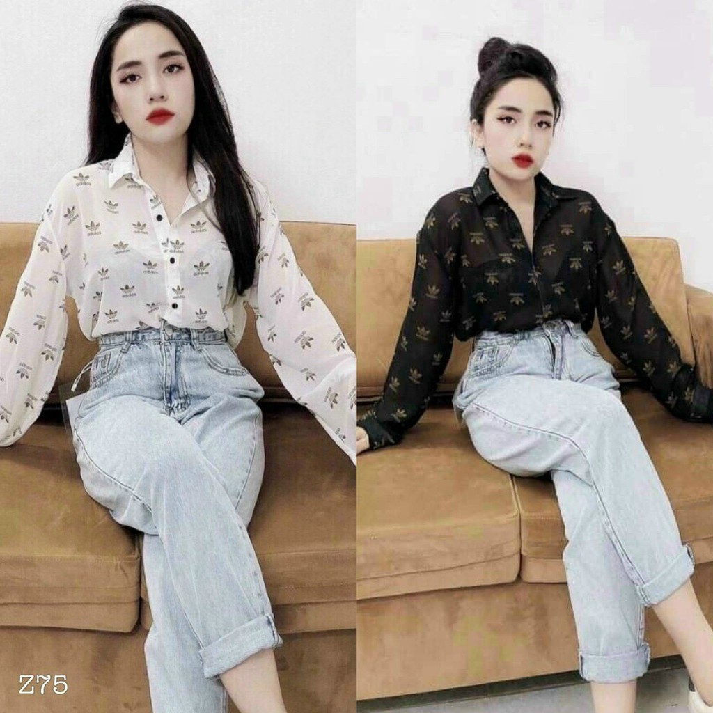Áo sơ mi tay dài form rộng in hình logo 3 cánh cực xinh , chất voan lụa mềm mịn