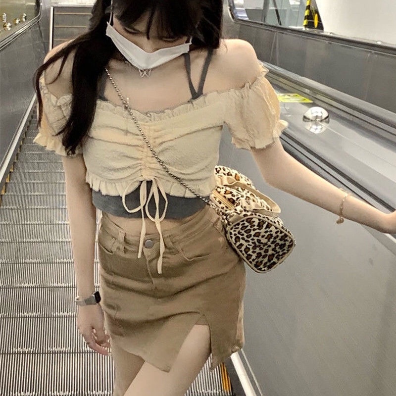 Set áo croptop rút dây và chân váy ngắn xẻ tà ulzzang Hàn Quốc
