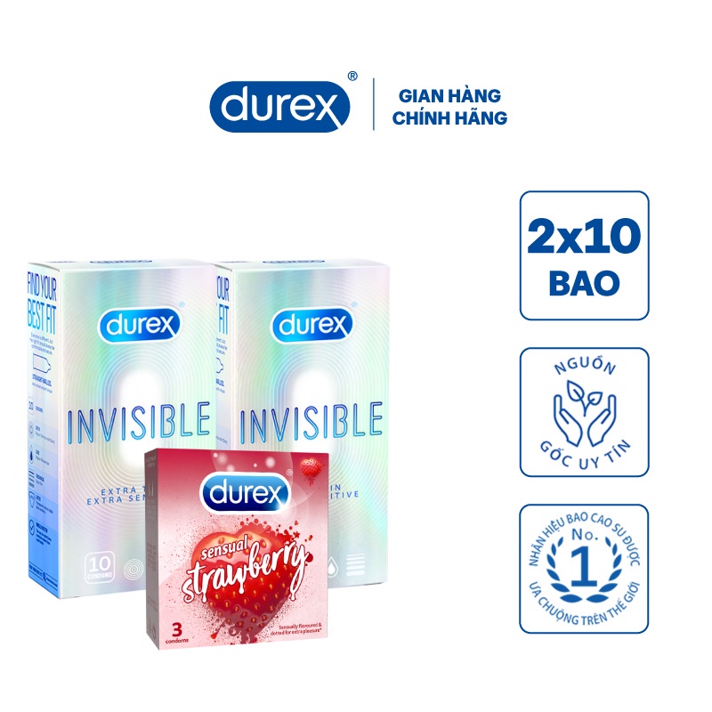 Bộ 2 Bao cao su Durex Invisible (10 bao/hộp) + Tặng 1 hộp Durex Sensual Strawberry (3 bao/hộp)