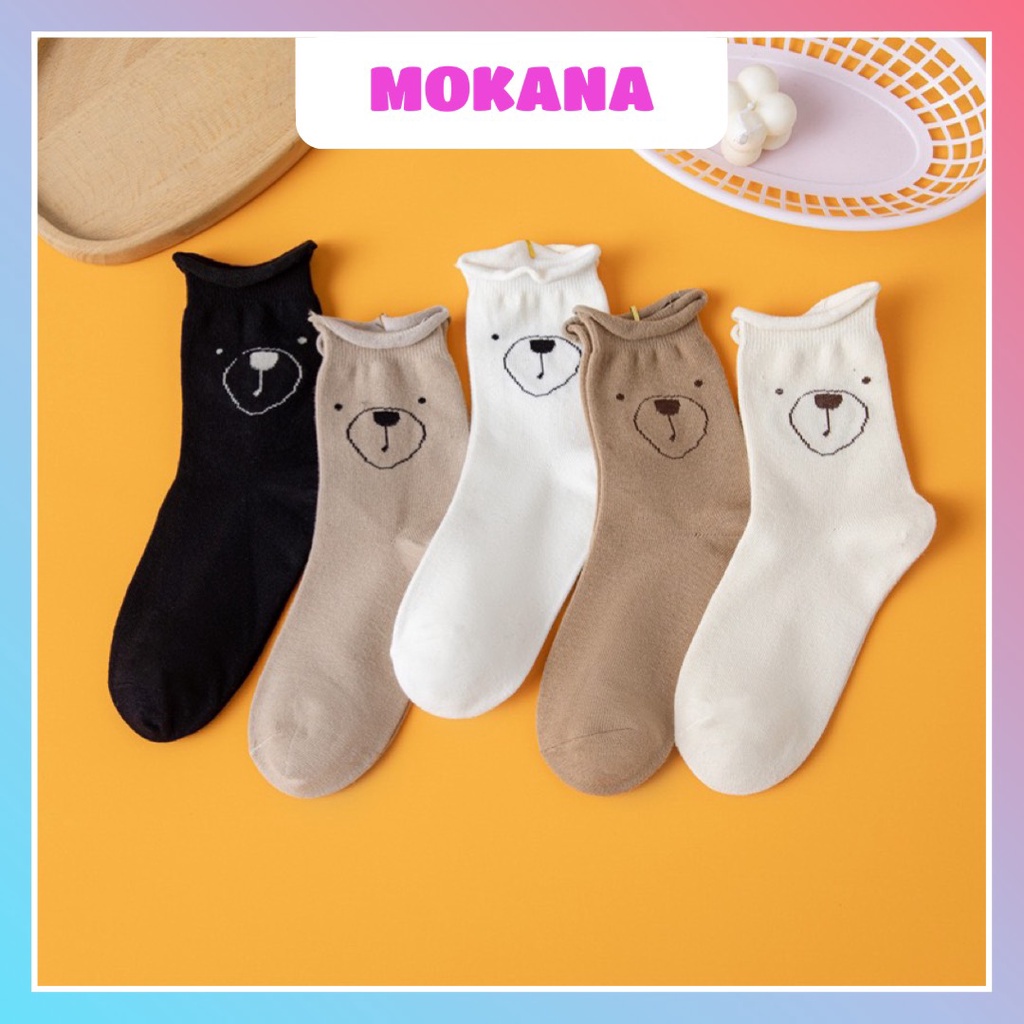 Tất nhún cổ bèo MOKANA tất cổ cao họa tiết gấu đang yêu TG02