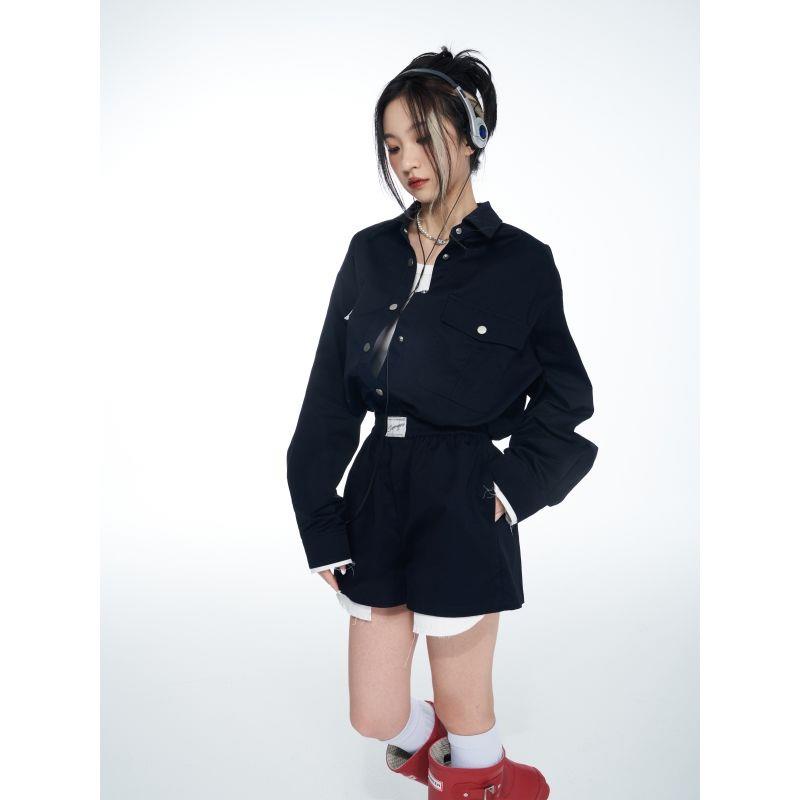 Áo Sơ Mi Tay Dài Dáng Ôm + Quần Short Lưng Cao Phong Cách Đường Phố Mỹ Thời Trang Mùa Thu Mới Dành Cho Bạn Nữ