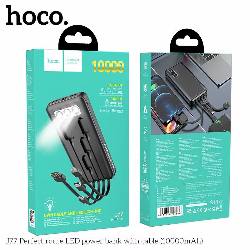 Pin sạc dự phòng đa năng Hoco J77 (10000mAh) đèn LED hiển thị, kèm cáp liền Ligntning/Micro/Type-C - Chính hãng