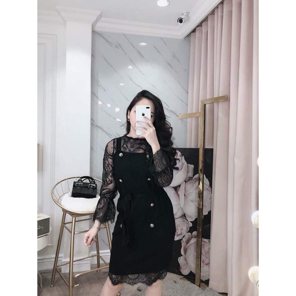 đầm phối ren cúc vest