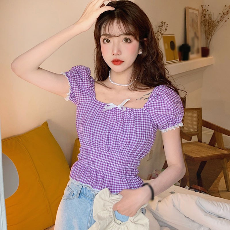 Áo Tay Phồng Cổ Vuông Họa Tiết Ca Rô Xinh Xắn Dễ Thương Dành Cho Nữ