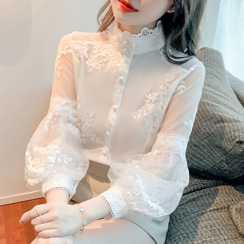 Áo Sơ Mi Ren Tay Lửng Cổ Cao Thêu Họa Tiết Phong Cách Châu Âu Mẫu Mới Thanh Lịch Thời Trang Cho Nữ