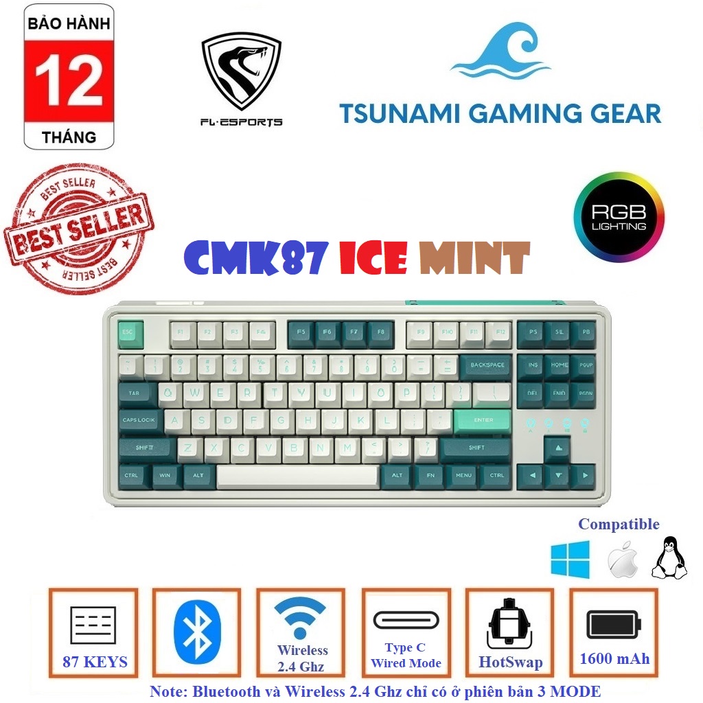Bàn phím cơ/ Bộ kit phím cơ FL-Esports CMK87 Ice Mint RGB/ Hotswap chính hãng BH 12 tháng