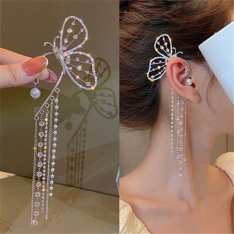 Khuyên tai đeo bên trái Haimeikang mặt hình bướm đính đá pha lê ngọc trai phong cách Hàn Quốc thời trang cá tính