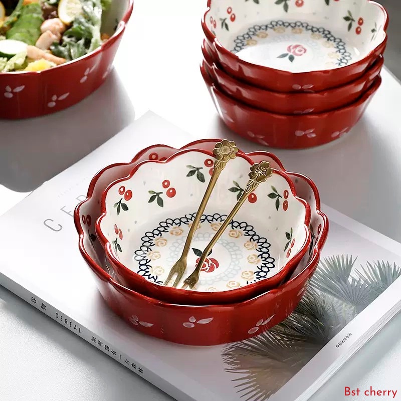 Đĩa sứ decor, tô salad trang trí họa tiết Cherry hình tròn, cách điệu cánh hoa, trái tim Alifis