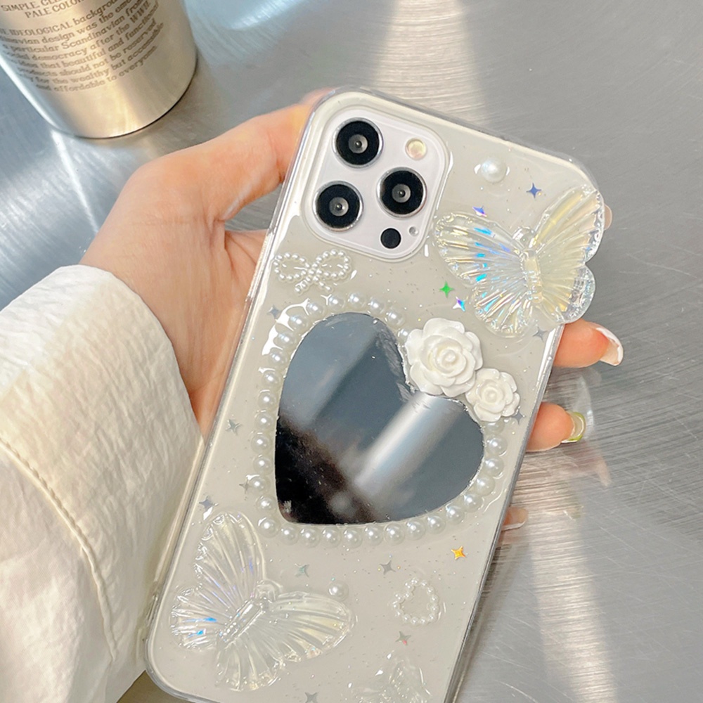 Ốp Điện Thoại TPU Mềm Tích Hợp Gương Trang Điểm Hình Hoa Và Bướm Dành Cho IPhone 14 13 12 11 Pro Max XS XR 8 7 Plus