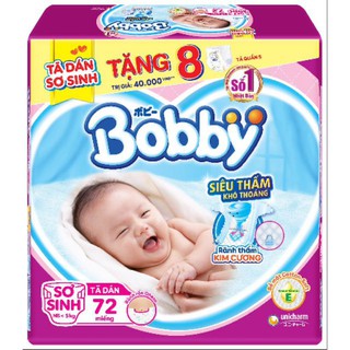 [TẶNG 8 MIẾNG TÃ QUẦN SIZE S] TÃ DÁN BOBBY SIÊU THẤM SIZE XS (SƠ SINH - 5KG) GÓI 72 MIẾNG