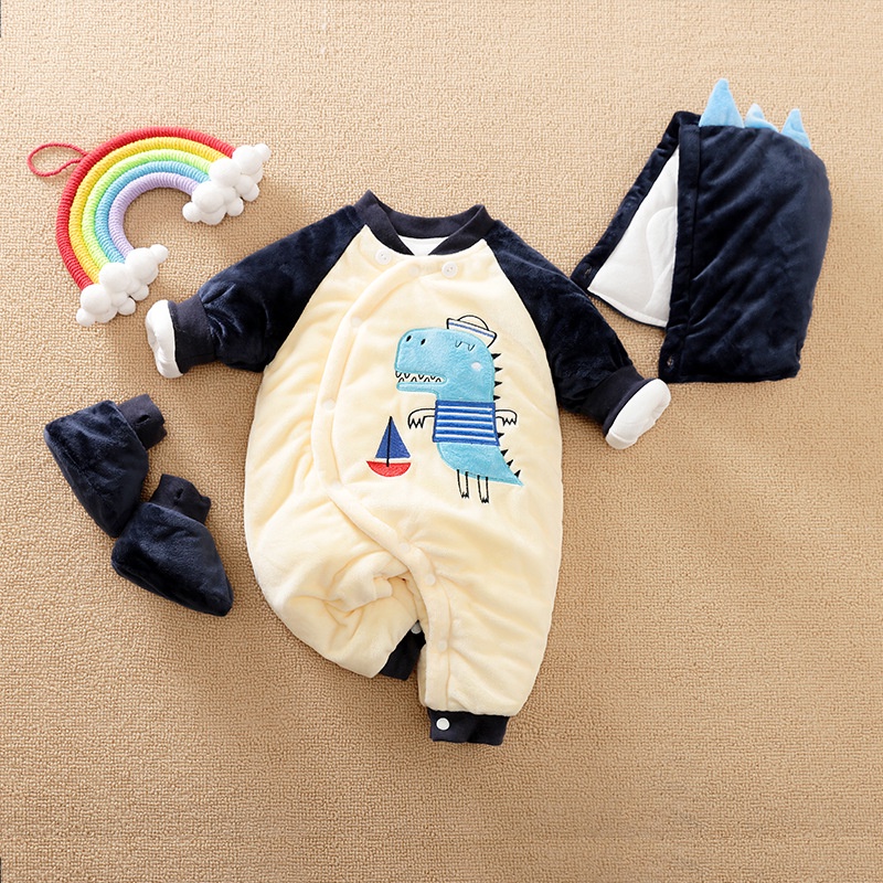(hàng nhập)Sét body ủ nhung trần bông +mũ+giày tháo rời BD006-Khủng long xanh than be 0-6m