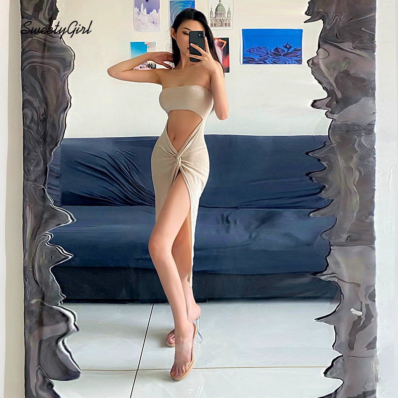 Đầm Maxi Không Tay Eo Thấp Hở Vai Màu Trơn Thời Trang 2022 Dành Cho Nữ