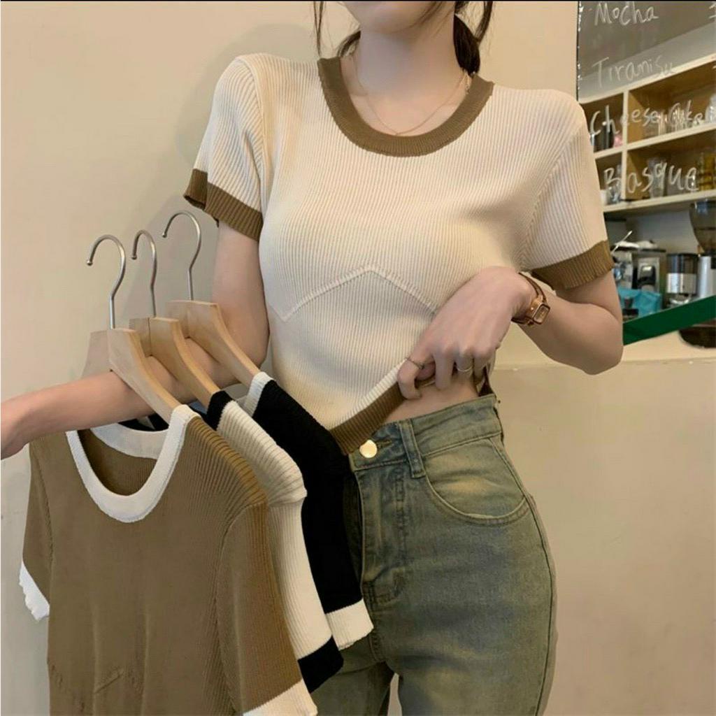 Áo thun gân tăm croptop nữ tay ngắn chạy viền bo ngấn ngực MC- Áo phông nữ đẹp