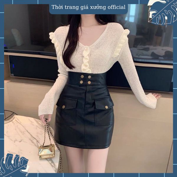 Chân váy da 4 khuy 2 túi nắp Thời Trang Giá Xưởng Official