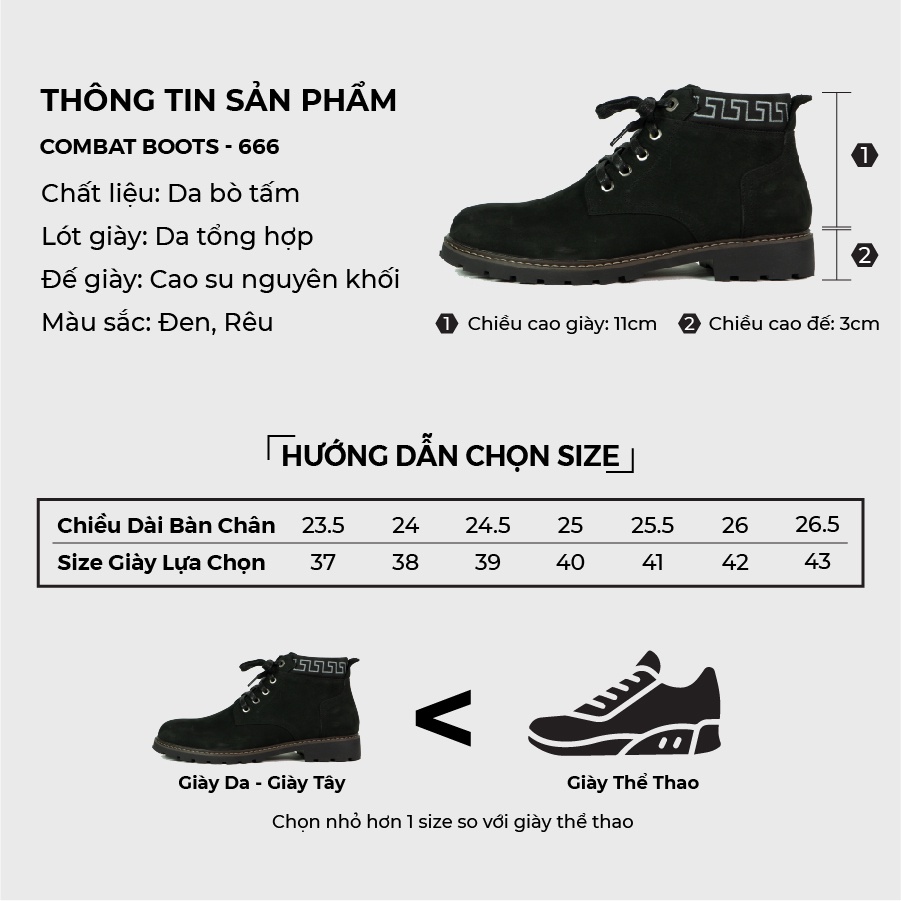 Giày boot nam đế đúc khâu chắc chắn kiểu combat boots nam, Giày tăng chiều cao nam chất liệu giày da nam cao cấp - 666