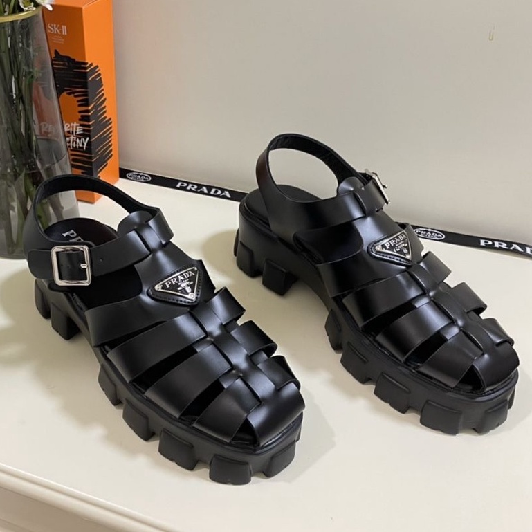 PRADA Xăng Đan Đế Dày In Hình Tam Giác Thời Trang 2022 Dành Cho Nữ