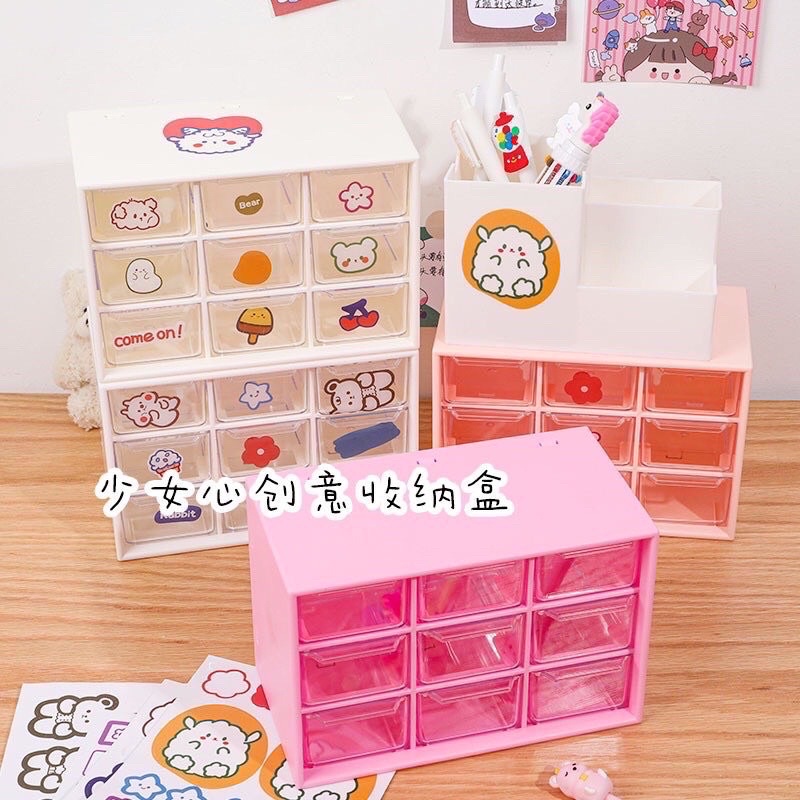 Tủ nhựa 9 ngăn mini trong suốt đựng đồ bàn học tiện lợi, Tủ nhựa 9 ngăn mini
