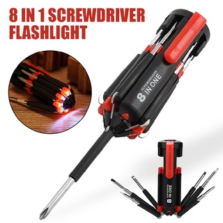 New 8 in 1 Screwdriver with LED Torch Flash Light Multi-functional Repair Tool