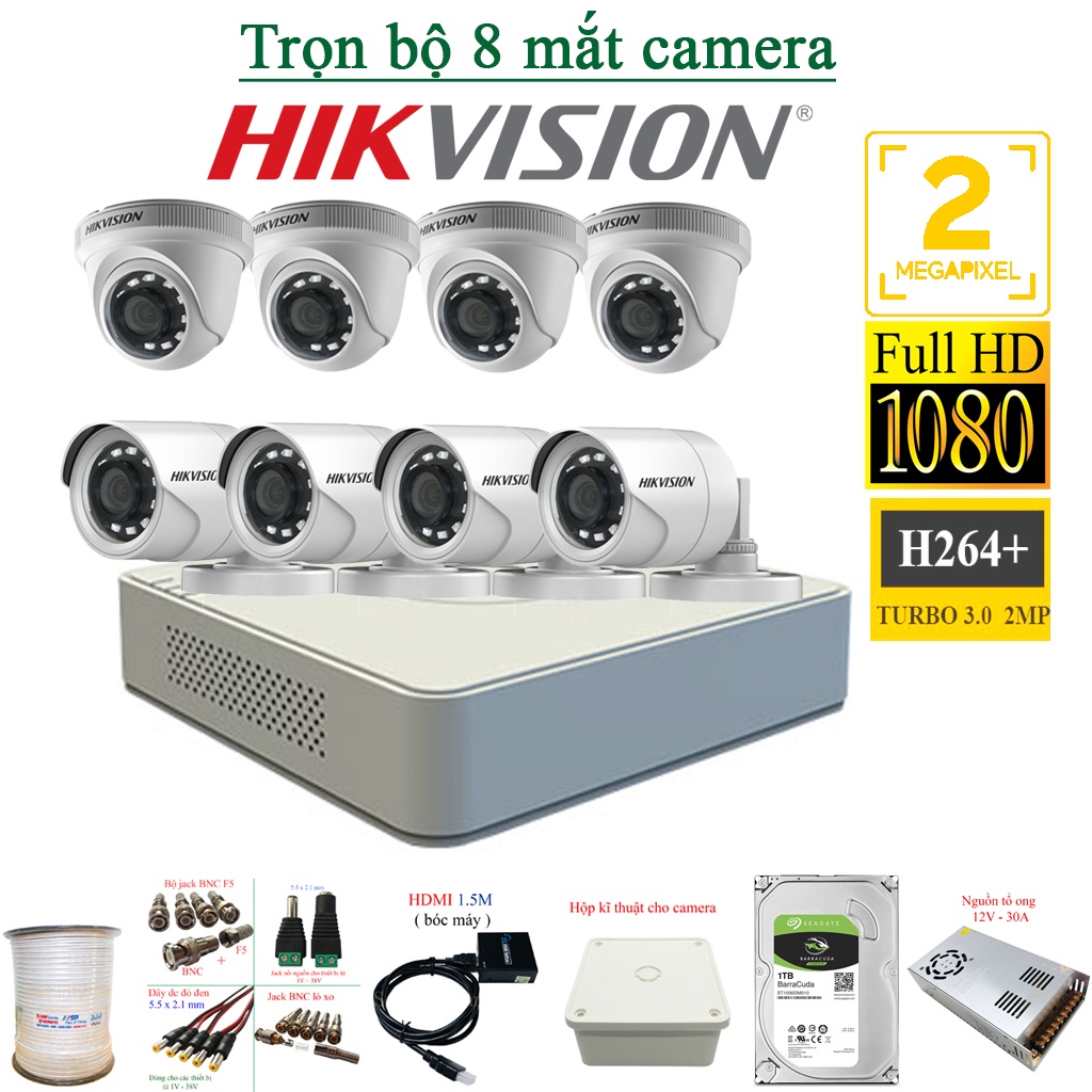 Trọn Bộ Camera Hikvision 2Mp 5/6/7/8 Mắt  FULL HD 1080P Chính Hãng bảo hành 24 tháng (FULL PHỤ KIỆN LẮP ĐẶT)