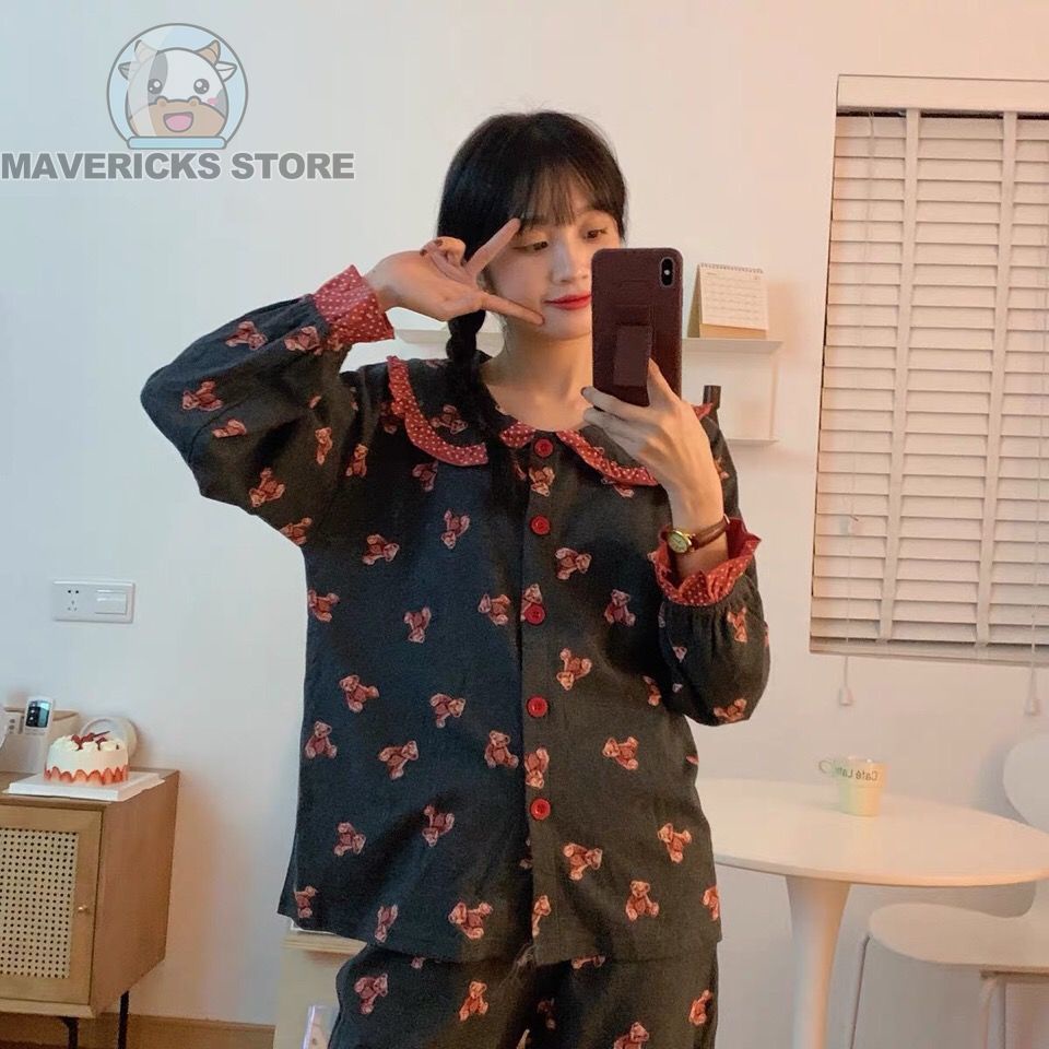 Bộ Đồ Ngủ Hai Mảnh Họa Tiết Chấm Bi Hình Gấu Dễ Thương Phong Cách retro Hàn Quốc Cho Nữ