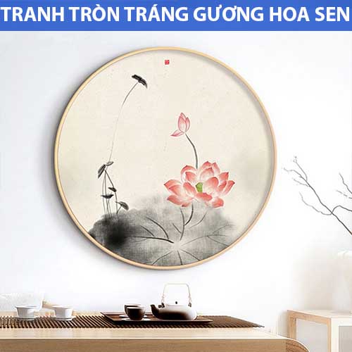 Tranh tròn hoa sen cổ kính chất liệu tráng gương siêu sáng khung viền vàng trang trọng tặng đinh treo BH 5 năm