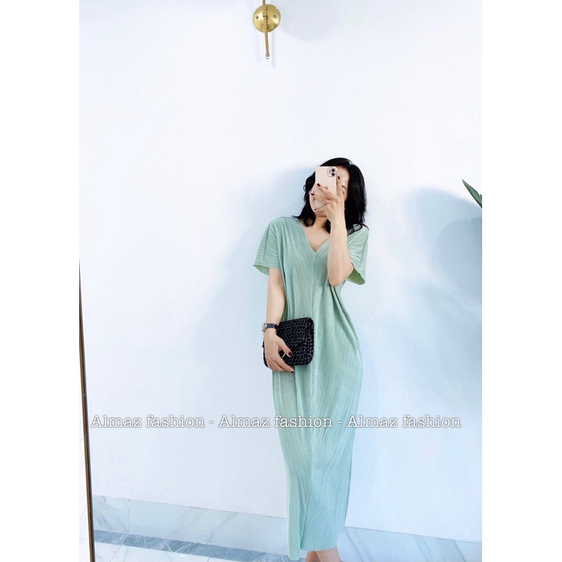 Váy  cổ V form suông nhúng chun sang chảnh dành cho mẹ bầu - Almaz Fashion