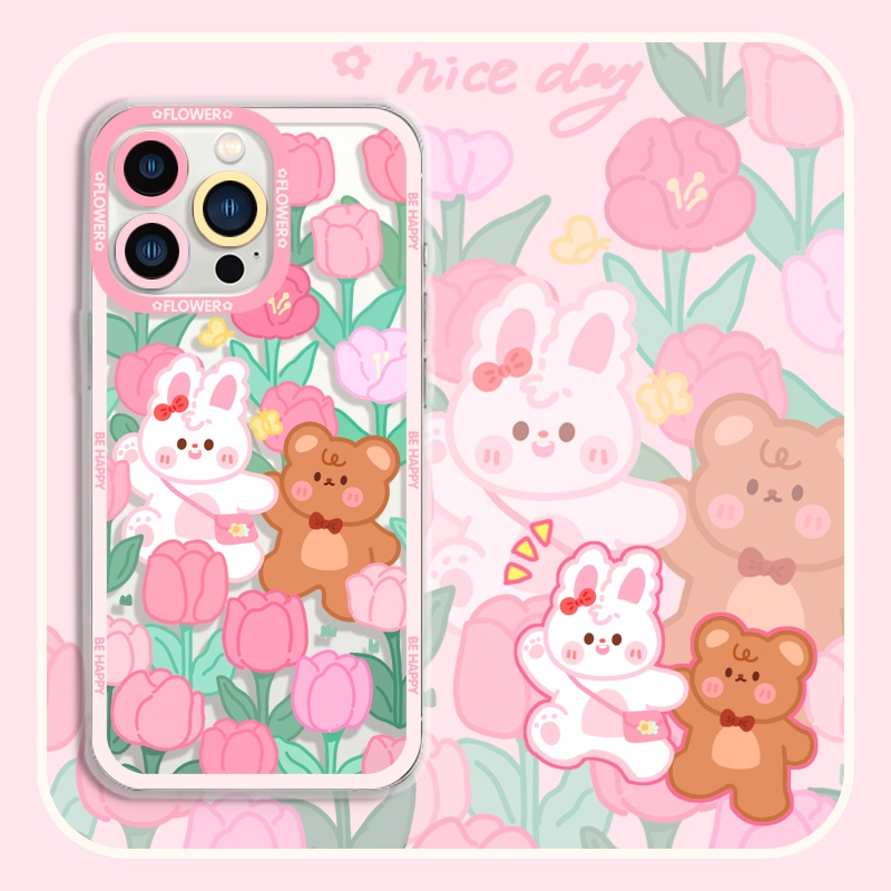 Ốp Điện Thoại Tpu Mềm Họa Tiết Hoa Tulip Gấu Thỏ Cho iPhone 11 12 13 pro max XS X XR XSMax 7 8 6 6s plus SE 2020