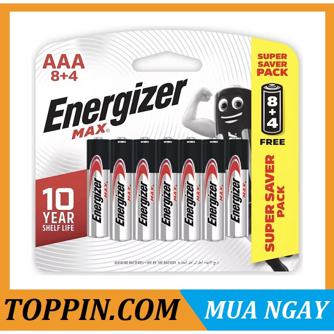 [TOPPIN] Pin AAA Energizer Alkaline LR03 E92 BP-8+4 (Vỉ 12 Viên)