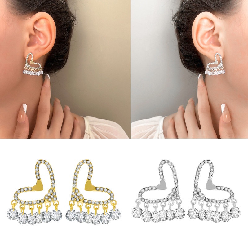 Bông Tai Dạng Tua Rua Hình Trái Tim Đính Đá Zircon Thời Trang Sang Trọng YOUYO