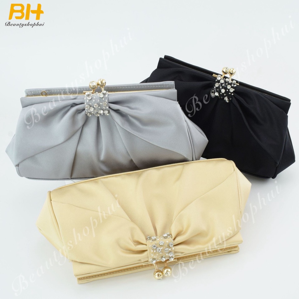 Túi Xách Đeo Vai Satin Nhăn Màu Trơn Đính Nơ Kim Cương Kim Cương Kiểu Âu Mỹ Dự Tiệc Tối Mới Cho Nữ