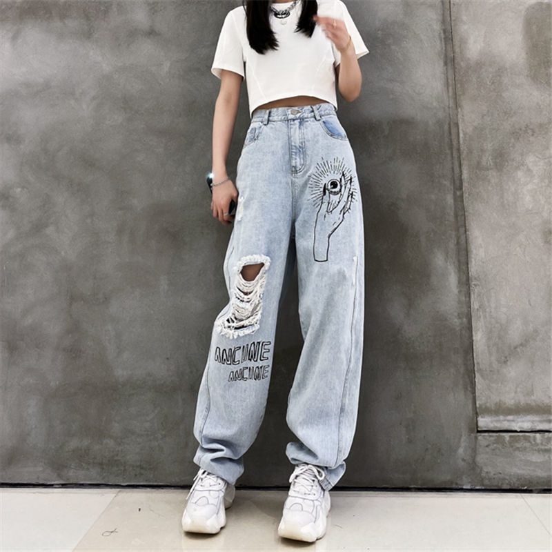 Jiashucheng Quần Jean Dài Lưng Cao Ống Rộng Phối Rách In Họa Tiết Cá Tính