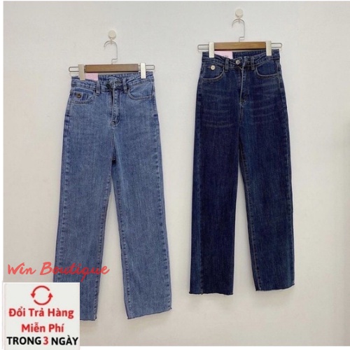 Quần jeans suông ống đứng cap cao trơn chất co dãn mềm mặc kéo dài chân