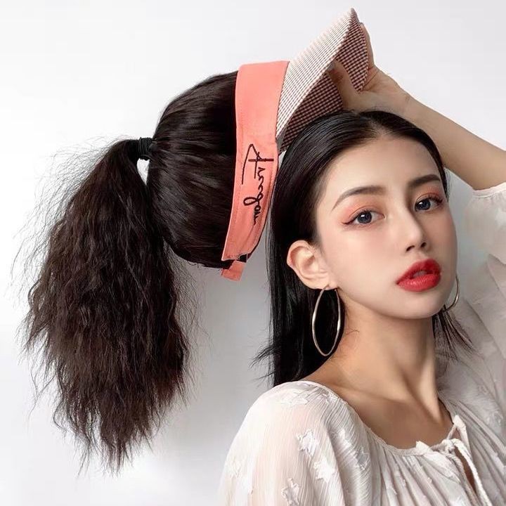 Tóc giả▫☸hot sale female summer net red corn high ponytail short curly hair popular natural fluffy hat wig integrated headgear