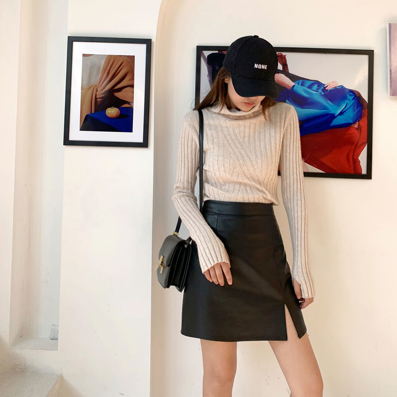 Chân váy da chữ A eo cao phối xẻ tà thời trang sành điệu cho nữ