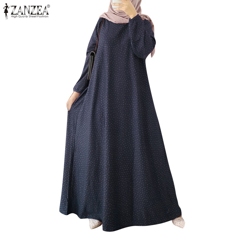 Zanzea Đầm Maxi Tay Dài Họa Tiết Chấm Bi Thời Trang Cho Nữ
