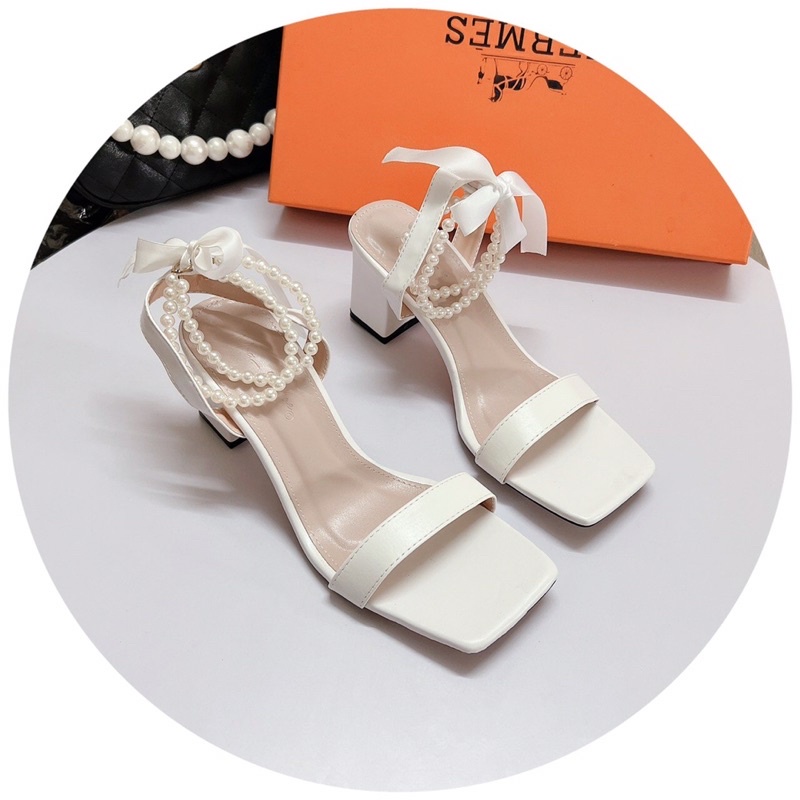Giày sandal nữ cao gót quai mảnh da lì bít gót hai quai ngọc cuốn cổ chân gót vuông 7cm sang chảnh tiểu thư