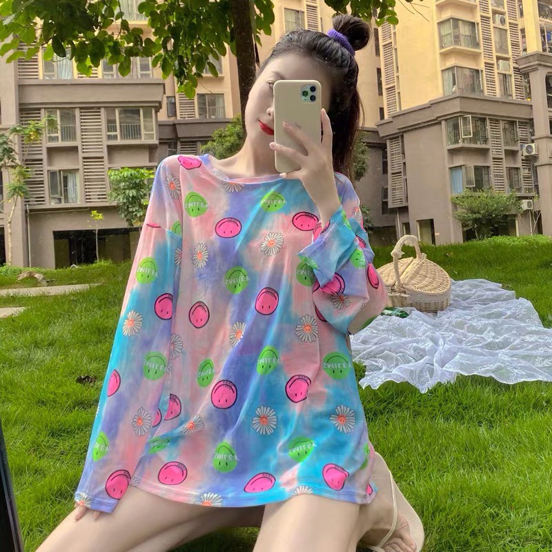 Áo dài tay mỏng hoạ tiết mặt cười dễ thương chất lưới mềm có hình ảnh cận chất order ADTL001