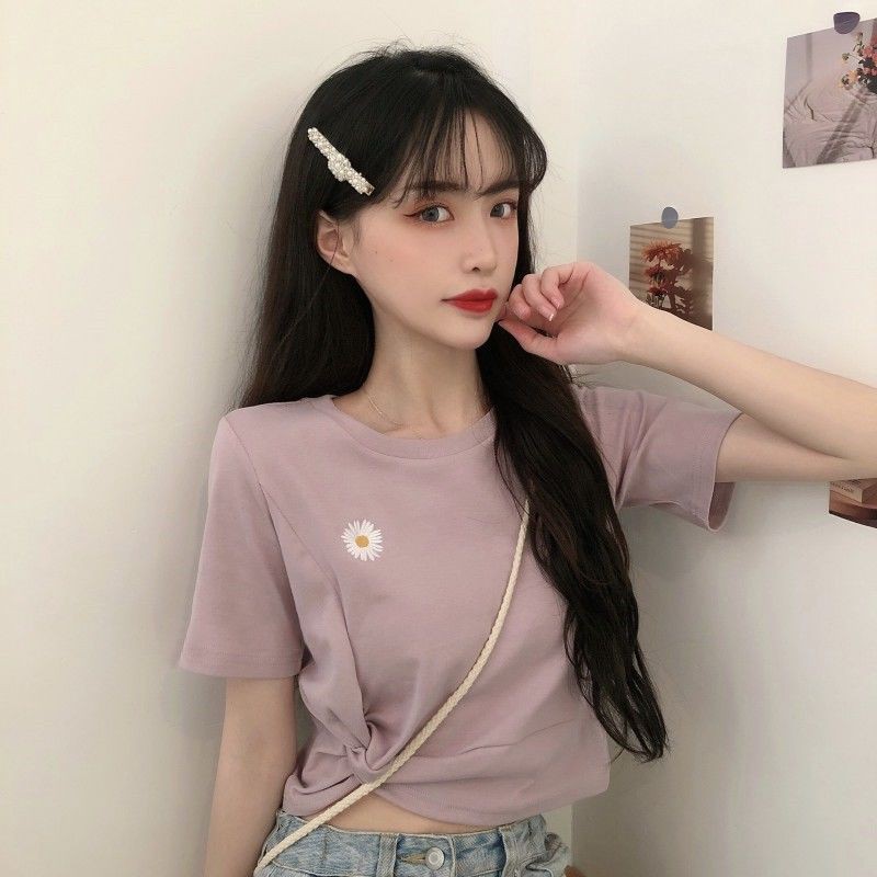 ❀Áo thun ngắn tay crop top Hanfan của phụ nữ Mùa hè 2021 cô gái mới sinh viên lưới màu đỏ hoa cúc nhỏ từ bi